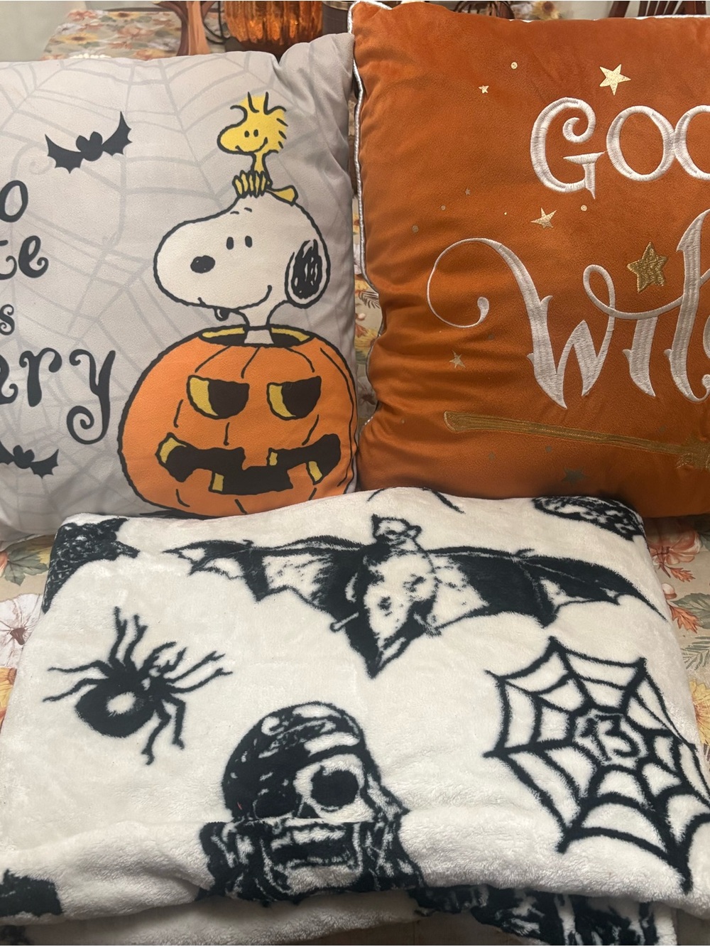 Halloween Throw Blanket and Decorative Pillows - Orange, White, Black
